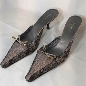 Terre Peck purple and brown snakeskin and Brocade pointed toe mules